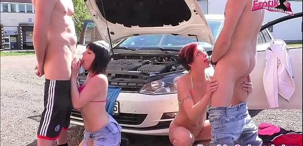  German young skinny teenager outdoor groupsex party at car fuck